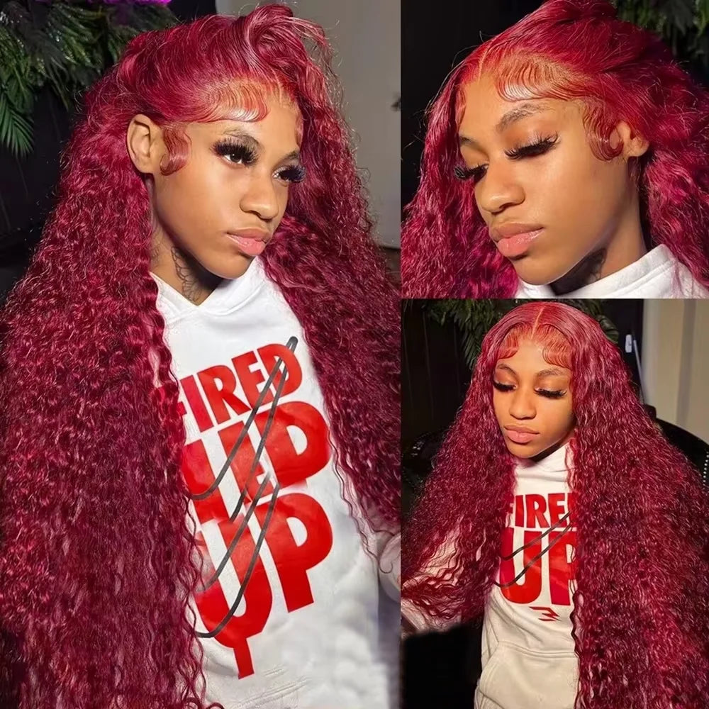 100% Human Hair Deep Wave 99J Burgundy Lace Frontal Wig 13x6 Curly 30 36 Inch HD Lace Front Wigs Red Water Kinky Brazilian