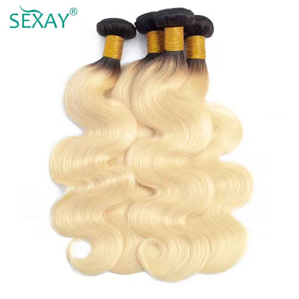 Sexay Ombre Blonde Human Hair Bundles With Closure Pre Plucked Brazilian Body Wave Hair Weave Bundles With Transparent Closures