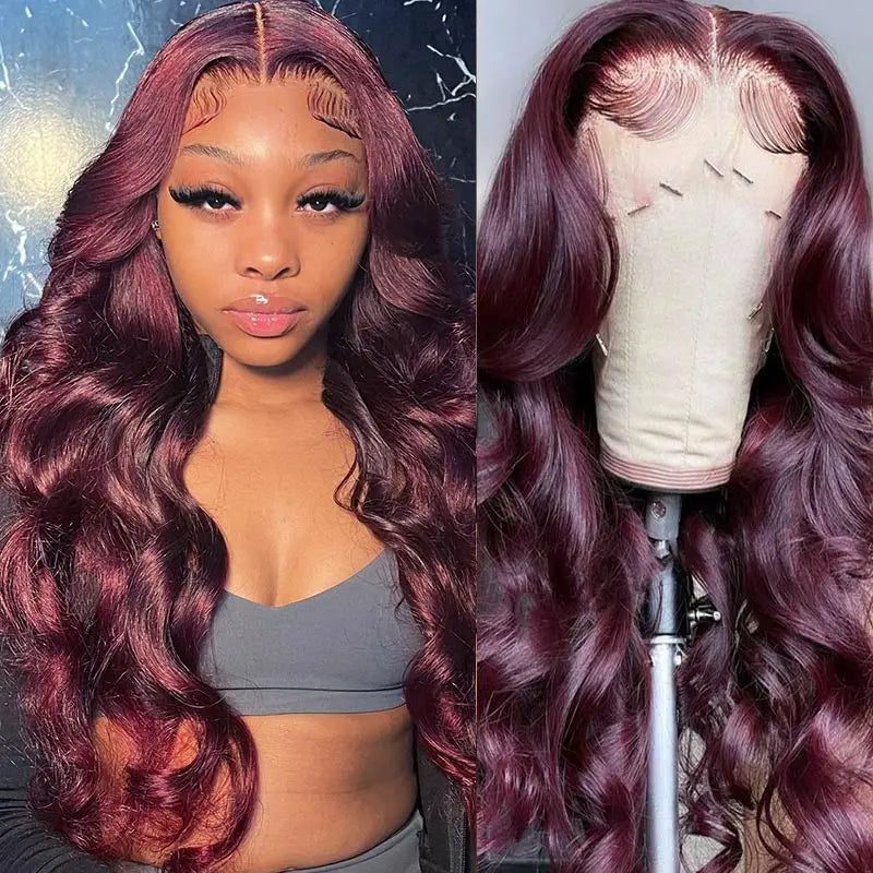 99J Colored 13X6 Transparent Lace Front Human Hair Wigs Pre Plucked Body Wave Lace Front Wig Red Burgundy HD Lace Frontal Wig