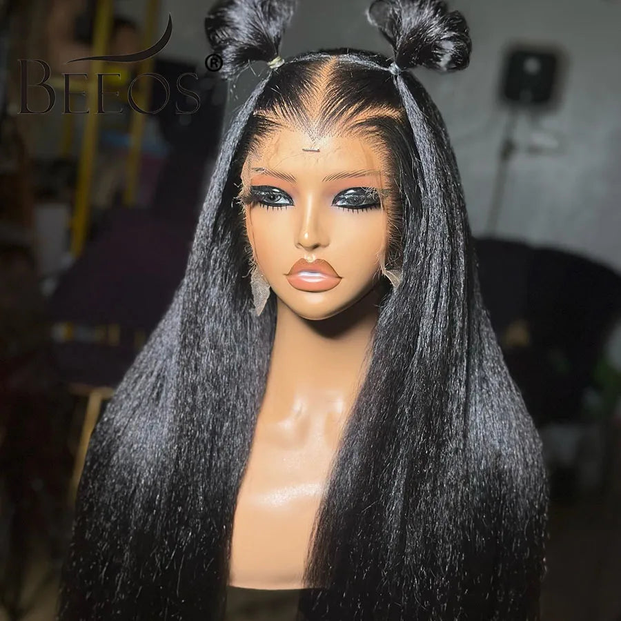 250% Jet Black Kinky Straight 13x6 HD Full Lace Front Wig PrePlucked Yaki Straight 13x4 HD Lace Frontal Human Hair Wig For Woman