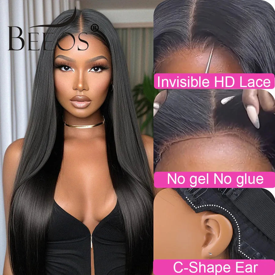 250% Glueless Jet Black Silk Straight 7x7/6x6/5x5 Real HD Lace Closure Wigs Deep Part Wear & Go Human Hair Wigs Bleached Knots