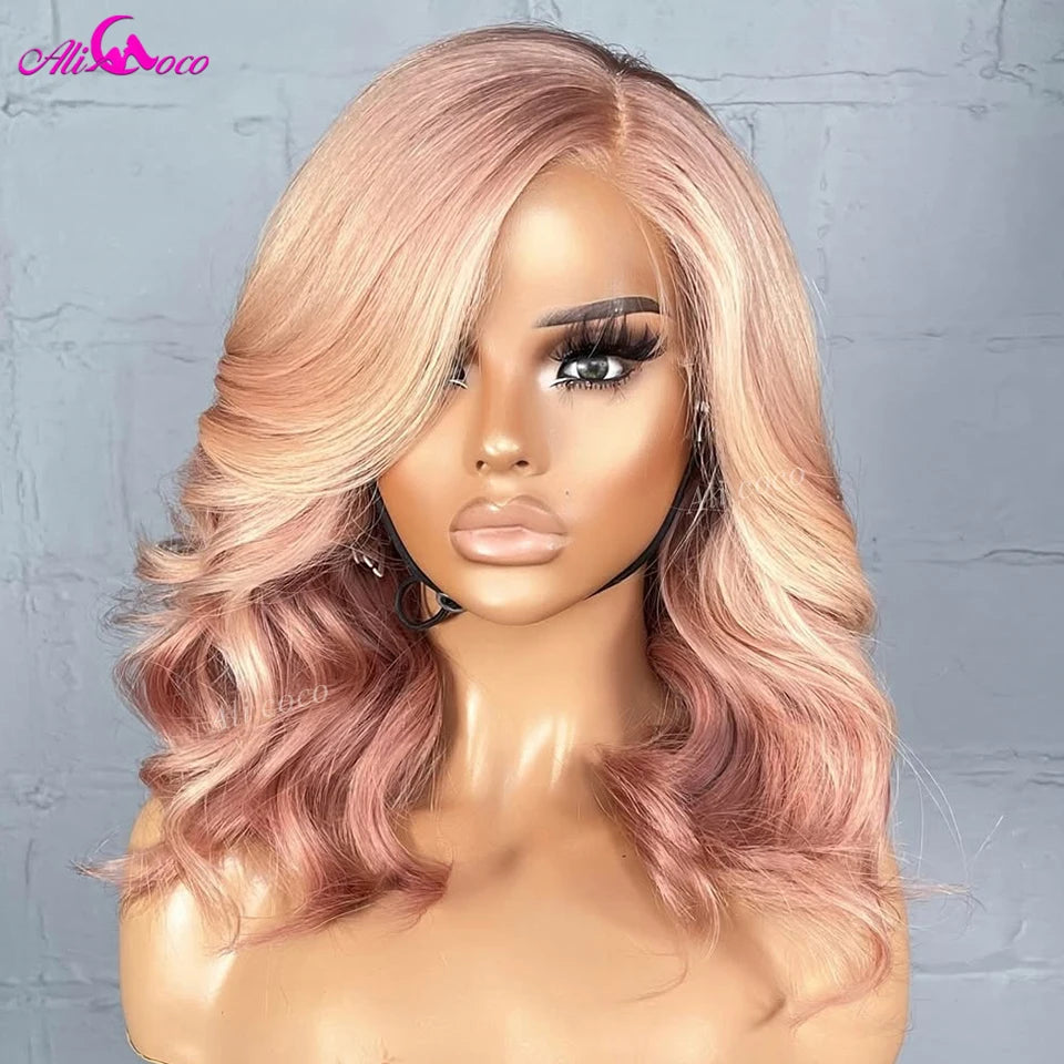 Golden Pink Colored 180 Density Human Hair Wigs Short Bob Body Wave Rose Pink 13x4 Full Frontal Human Hair Lace Front Wigs