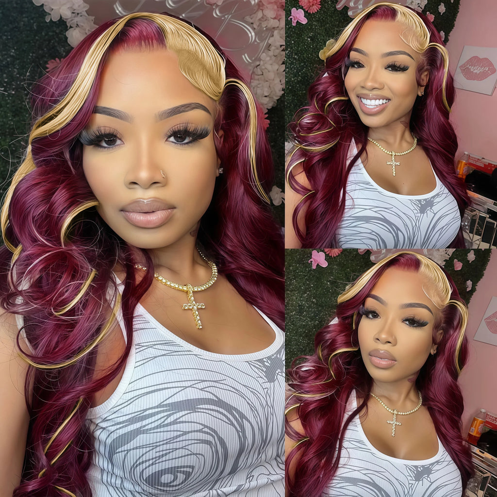99J/613 Balayage Highlight Body Wave 13x4 Lace Front Brazilian Human Hair Wigs 30 Inch Ombre Burgundy Blonde Red Colored Wigs