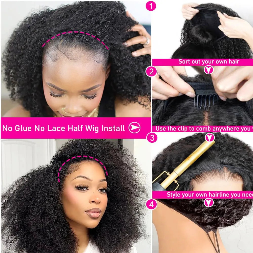 Kinky Curly Half Wig Human Hair Glueless Wig 3 IN 1 Half Wigs With Drawstring Seamless Clip Ins Flip Over Deep Curly Half Wigs
