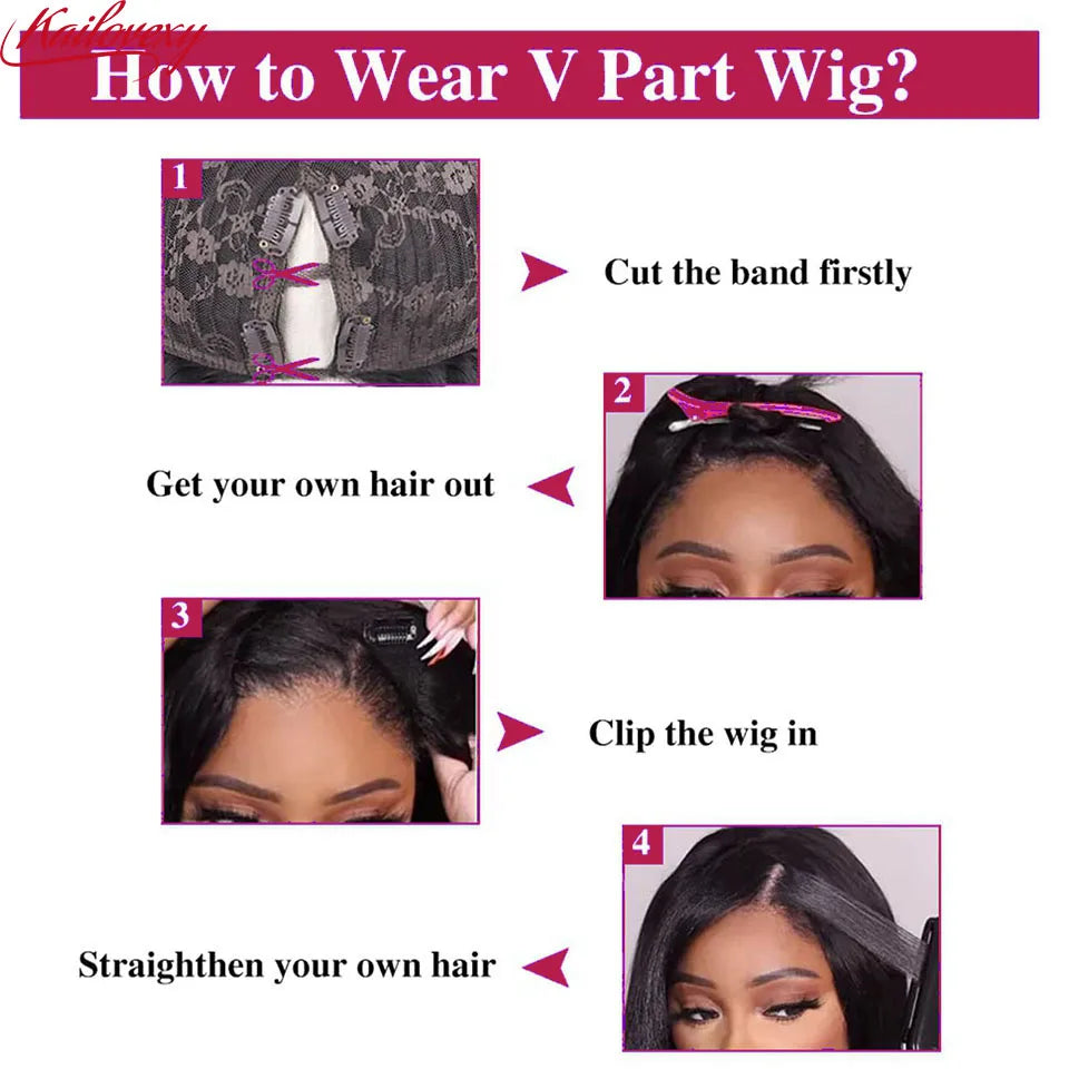 V Part Wig Human Hair Straight Upgrade U Part Wig for Women Clip in Half Wig Beginner Friendly No Lace No Glue No Sew in
