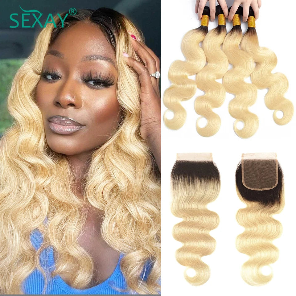 Sexay Ombre Blonde Human Hair Bundles With Closure Pre Plucked Brazilian Body Wave Hair Weave Bundles With Transparent Closures