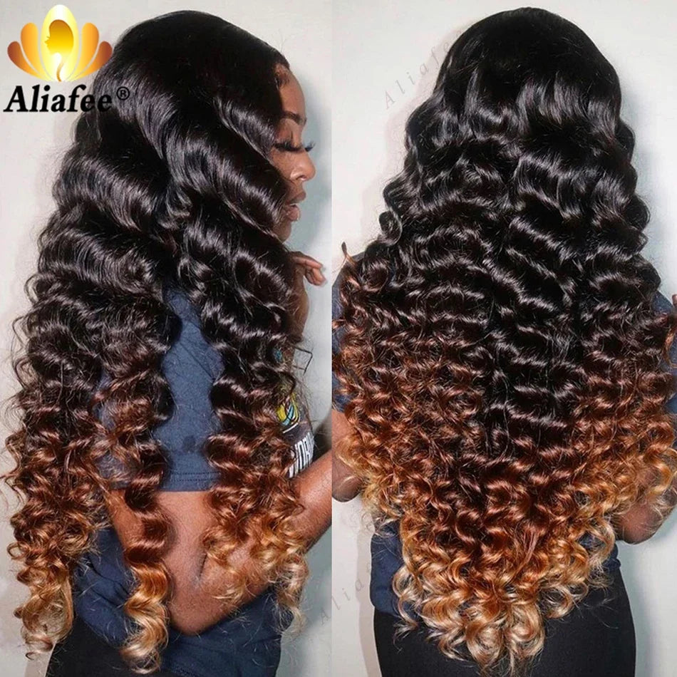 HD 13x6 Loose Deep Wave Wigs Curly Lace Frontal Human Hair Wigs Honey Blonde Ombre Colored Lace Front Wig PrePlucked For Women