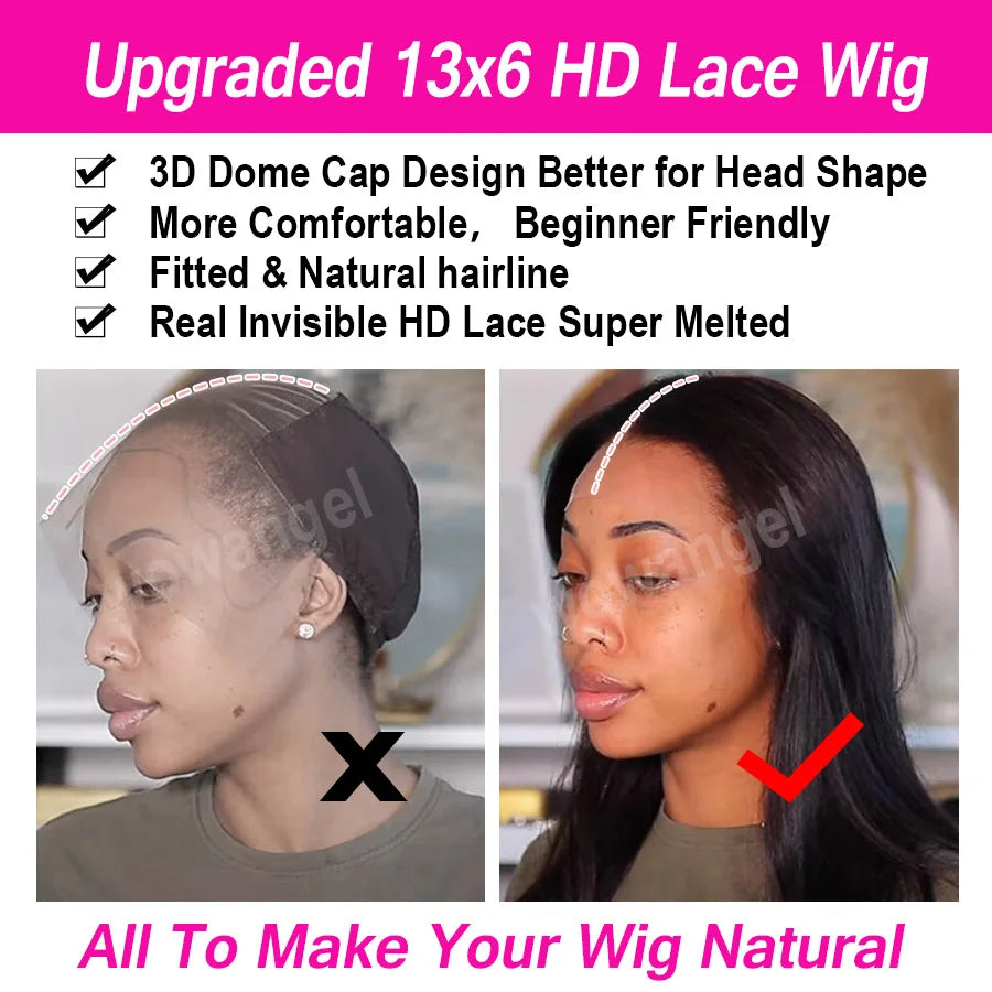 Wow Angel 13x6 HD Lace Frontal Wig Brazilian Straight Lace Front Human Hair Wig Deep Part Pre plucked Fitted Hairline Melt Skins