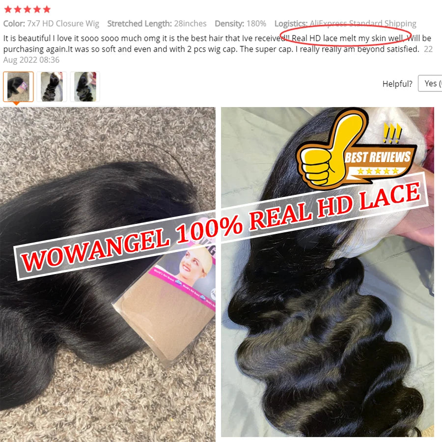 Wow Angel Glueless 250% Real HD Lace Closure Wigs 5X5 HD Closure Wig Wear & Go Body Wave Pre Plucked Human Hair Wigs For Women