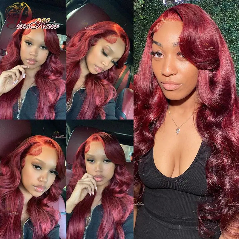 99J Colored 13X6 Transparent Lace Front Human Hair Wigs Pre Plucked Body Wave Lace Front Wig Red Burgundy HD Lace Frontal Wig