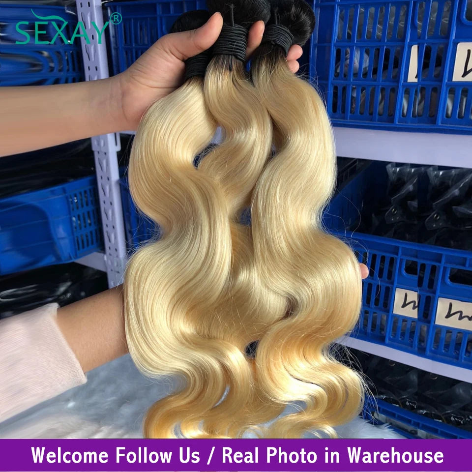 Sexay Ombre Blonde Human Hair Bundles With Closure Pre Plucked Brazilian Body Wave Hair Weave Bundles With Transparent Closures