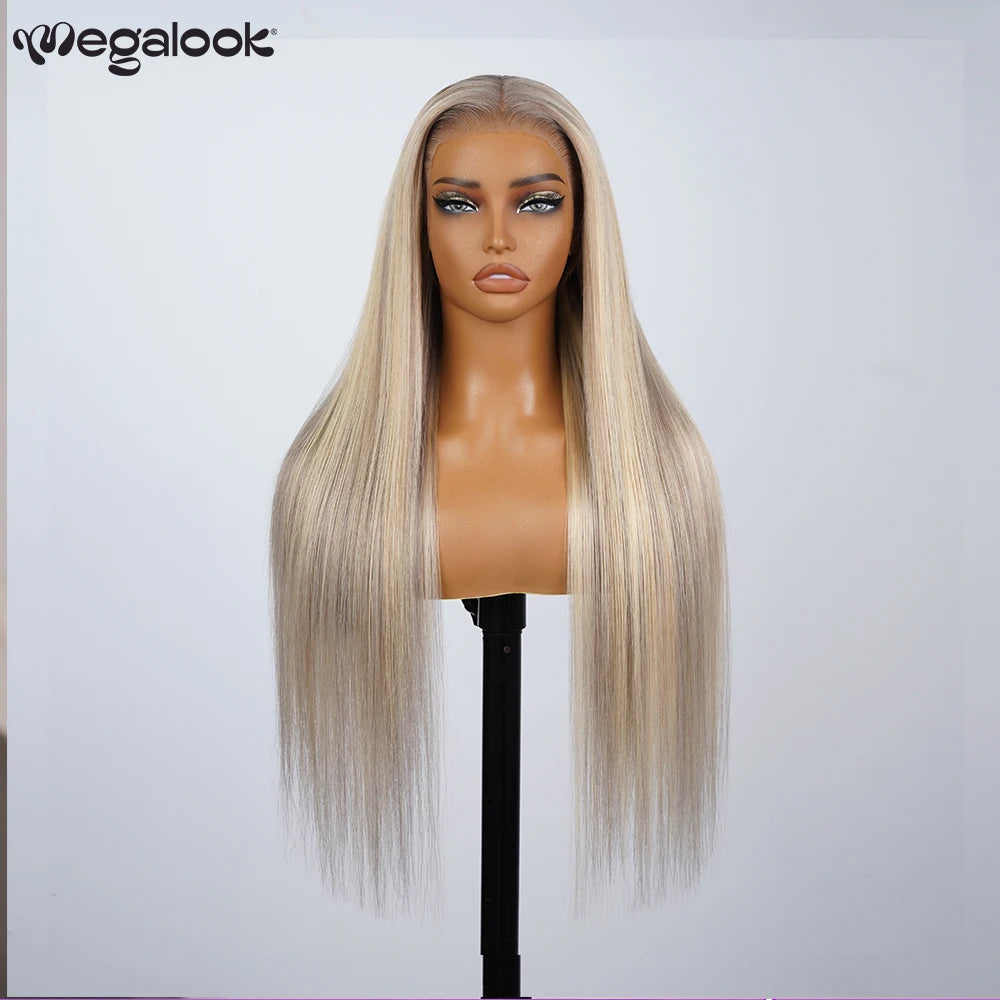 Megalook 13x6 Three-Go Blonde Highlight Glueless Wigs Silky Straight With Drawstring 100% Human Hair Wig