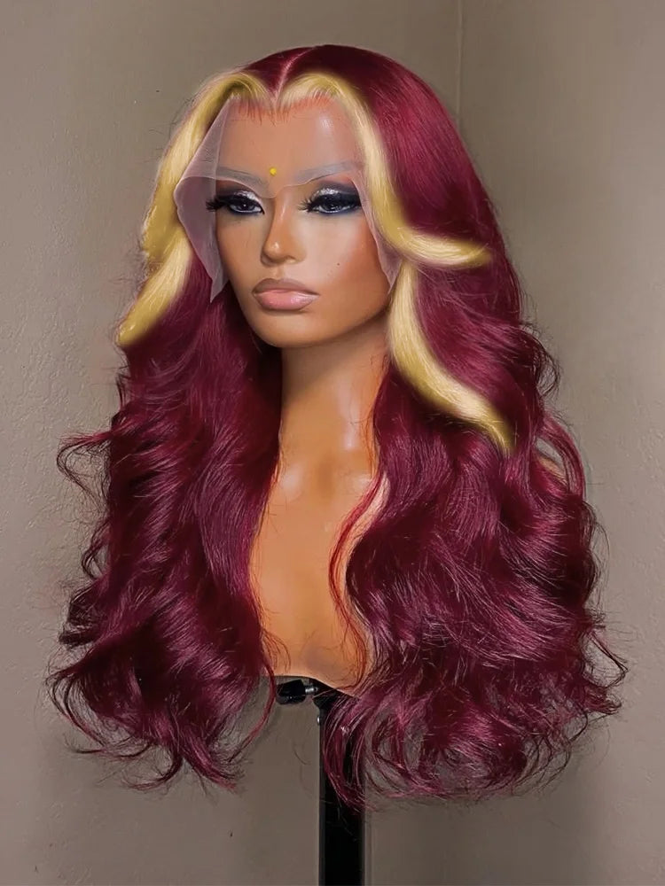 99J/613 Balayage Highlight Body Wave 13x4 Lace Front Brazilian Human Hair Wigs 30 Inch Ombre Burgundy Blonde Red Colored Wigs