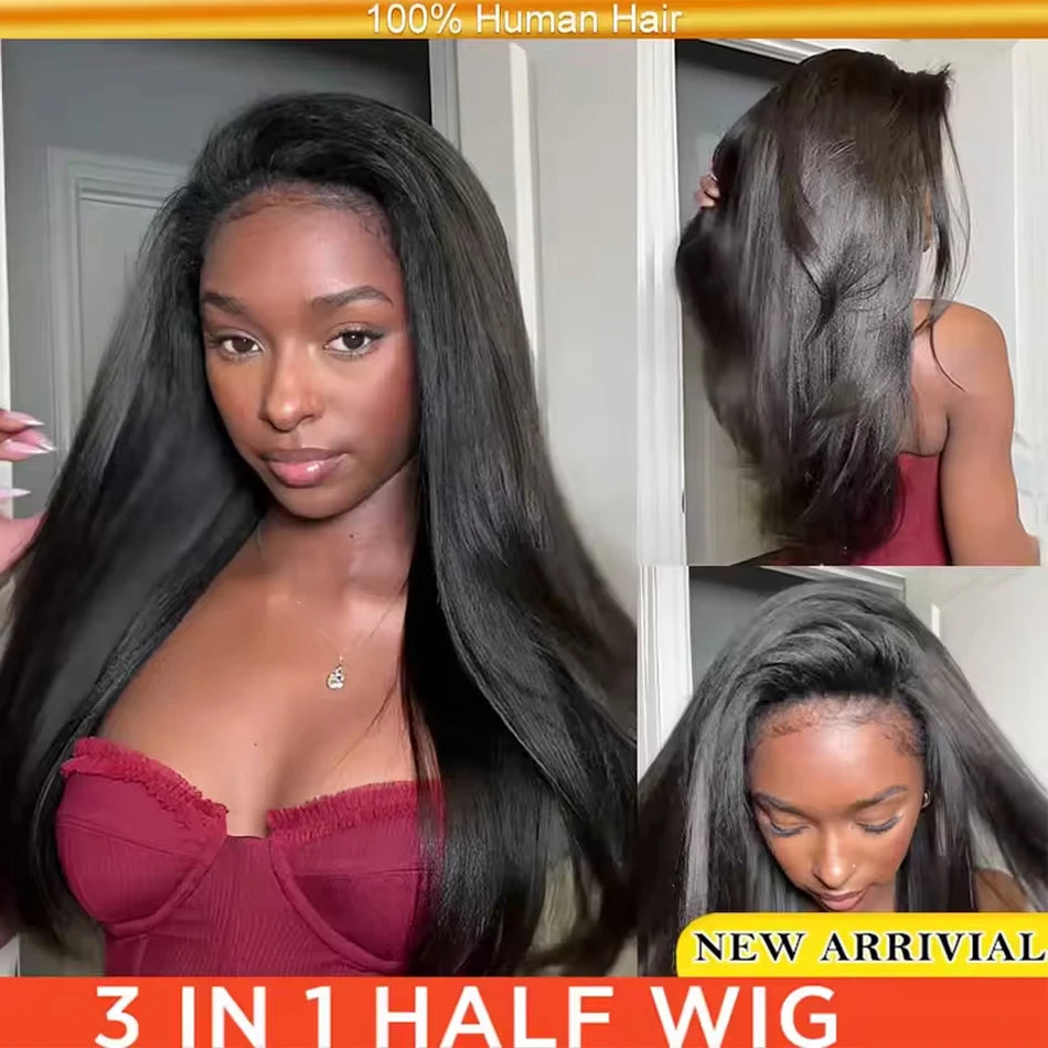 Kinky Straight Half Wig Human Hair 3 In 1 Seamless Flip Over Half Wigs Human Hair Wear Go Glueless Drawstring Headband Wig 200%