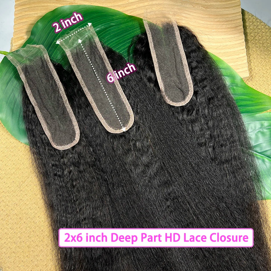 2x6 HD Lace Closure Kinky Straight Human Hair Preplucked Bleached Knots Invisible Lace Natural Color 100% Unprocessed Raw Hair