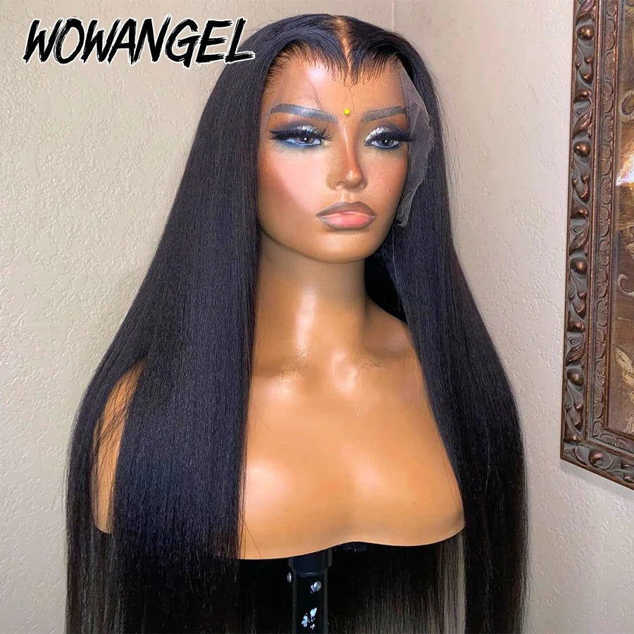 Wow Angel Jet Black 13x6/13x4 HD Lace Front Wigs Yaki Straight Human Hair 5x5 HD Lace Closure Wig Pre Plucked Kinky for Woman