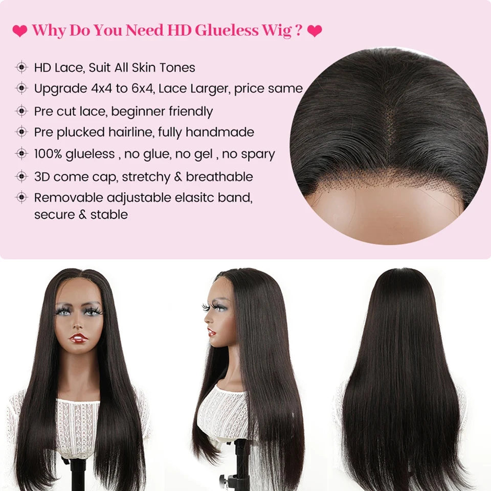 ISEE Hair Glueless Wig Human Hair Ready To Wear Straight Glueless Preplucked Wear And Go Wigs 6X4 HD Lace Front Wigs PreCut Lace