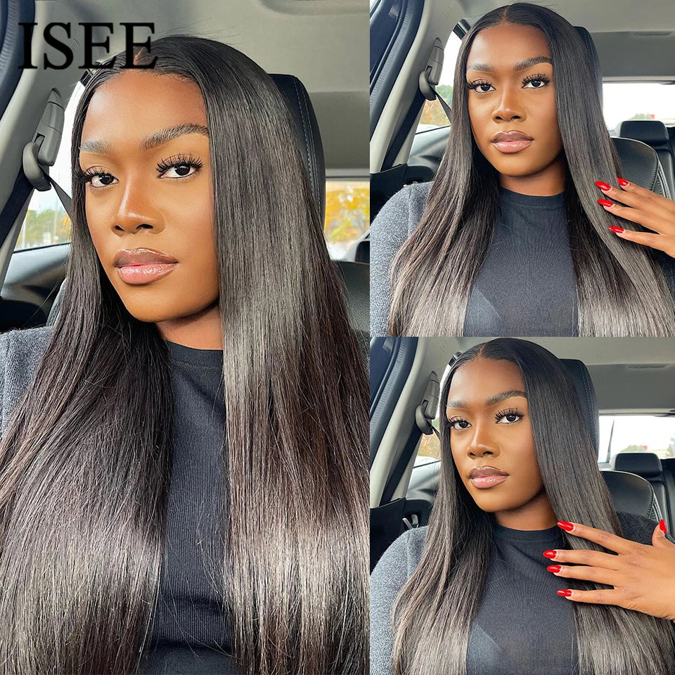 ISEE Hair Glueless Wig Human Hair Ready To Wear Straight Glueless Preplucked Wear And Go Wigs 6X4 HD Lace Front Wigs PreCut Lace