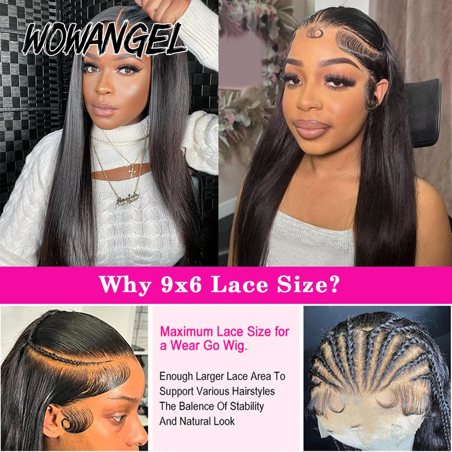 WowAngel Pre Cut Ultra Fitted 9x6 HD Lace Closure Glueless Wigs Ready To Wear Human Hair Wigs Straight Melt Skins For Women Wigs