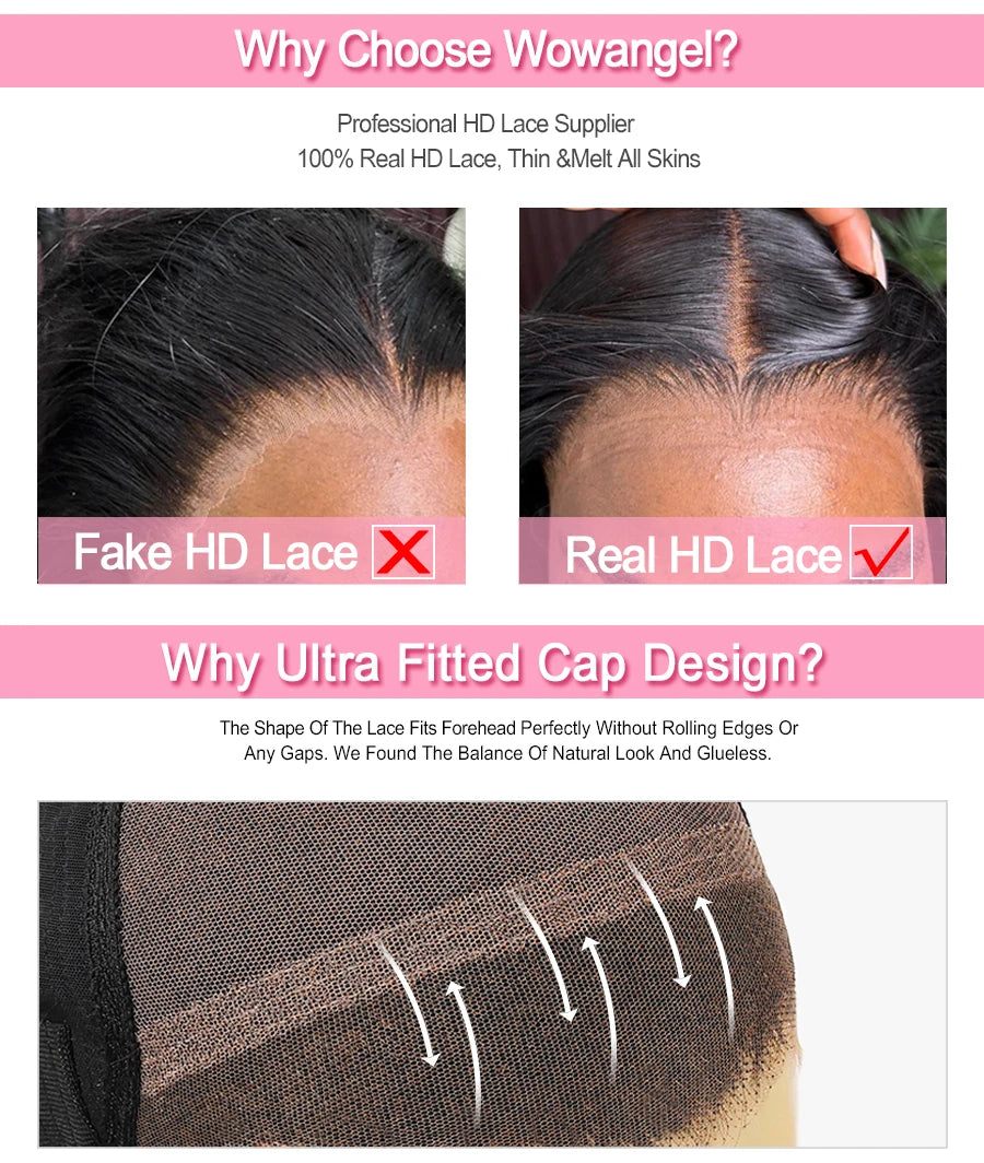 Wow Angel 9x6 HD Lace Closure Glueless Wigs 250% Straight Wigs Pre Cut Lace Ready To Wear Human Hair Wigs Pre Plucked Melt Skins