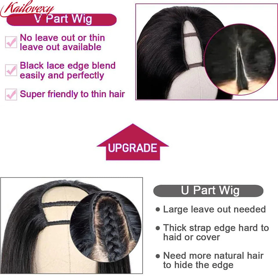 V Part Wig Human Hair Straight Upgrade U Part Wig for Women Clip in Half Wig Beginner Friendly No Lace No Glue No Sew in