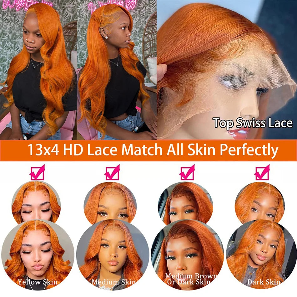 30 36 Inch Ginger Body Wave Human Hair Colored Wigs 13X6 Hd Lace Frontal Wig 13X4 Preplucked Lace Front Wigs For Women